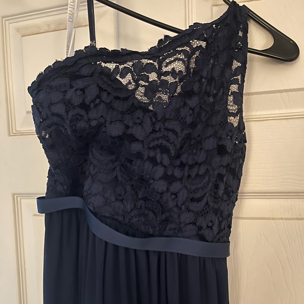 David's Bridal Navy One-Shoulder Lace Dress